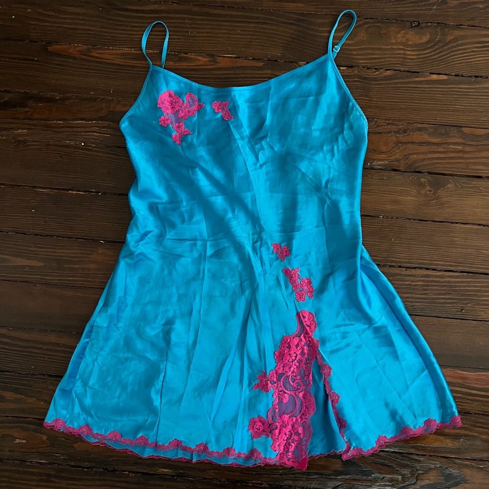 Vintage Victoria's Secret Satin Lace Nightgown Nightie Chemise Blue Pink Slip  M